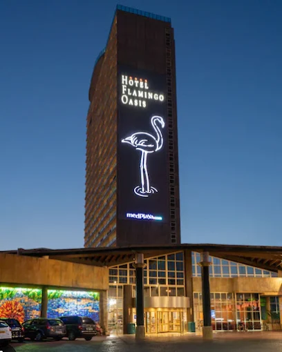Flamingo Oasis Hotel Benidorm illuminated flamingo façade at night
