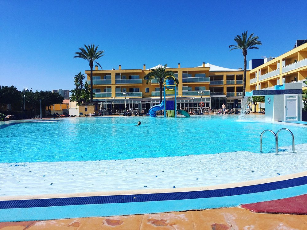Large outdoor pool at Terralta Apartments Benidorm with palm trees and yellow apartment blocks