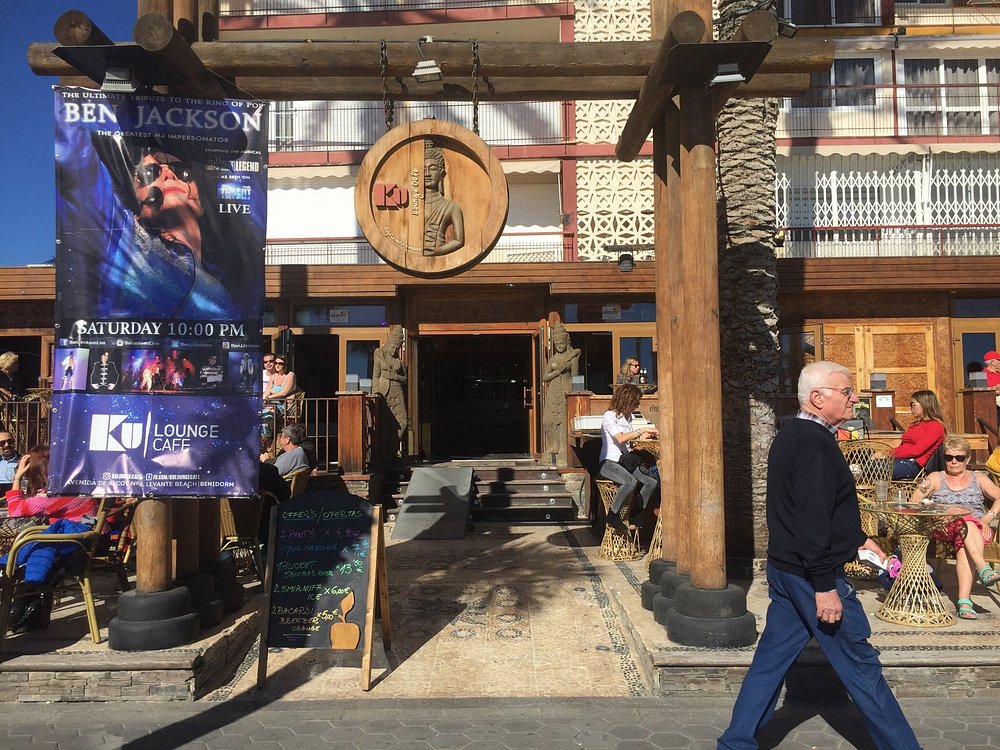 KU Benidorm entrance on Levante Beach with tribute act signage