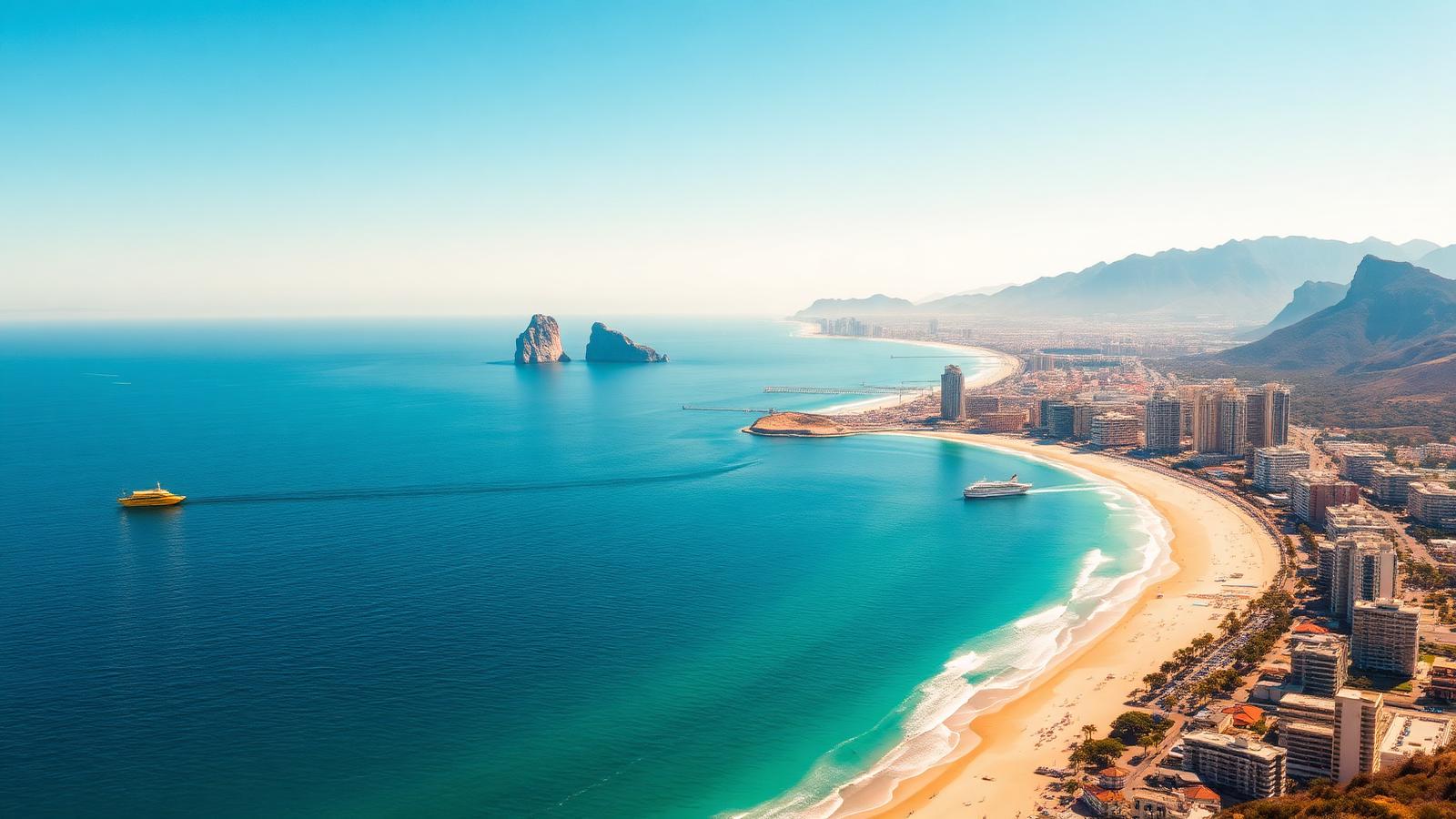 Aerial view of Benidorm in Alicante, Spain — Playa de Levante, the high-rise skyline, Isla de Benidorm and the Sierra Helada mountains