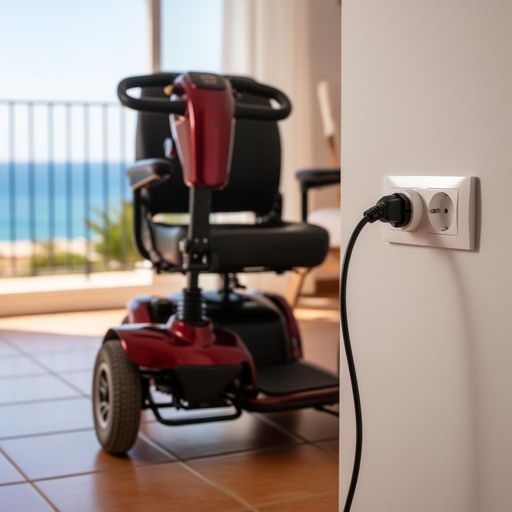 Mobility scooter plugged into a Spanish Type F Schuko wall socket inside a Benidorm holiday apartment