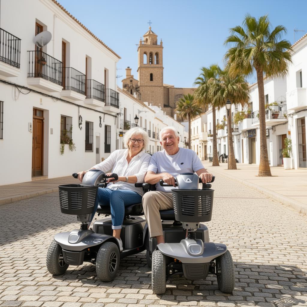 Senior couple sitting side by side on a tandem double mobility scooter in Benidorm Old Town